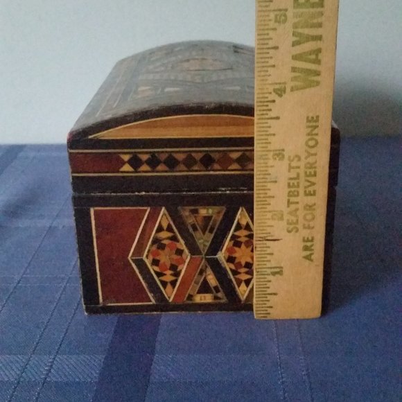 Vintage Wooden Inlaid Box, Jewelry Box, Trinket Box Lined Red - Picture 8 of 10